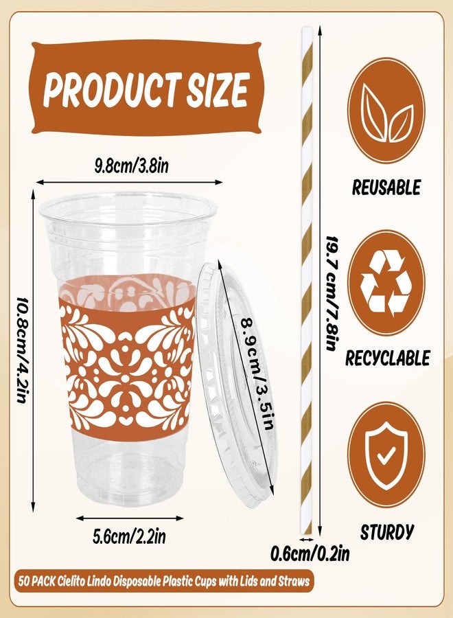 JarThenaAMCS مجموعة جارثينا إيه إم سي إس المكونة من 50 قطعة من أكواب سيليتو ليندو البلاستيكية للاستخدام مرة واحدة مع أغطية وماصات، أكواب طينية مزينة بزهرة تيراكوتا للمشروبات الباردة، مثالية لحفلات الزفاف المكسيكية على طراز تالافيرا. - Image 2